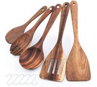 SneiDr Juego Utensilios de Cocina Madera Acacia 5 Piezas con Espátula Cucharón Cuchara para Arroz Tenedor de Ensalada Compatible con Sartenes Antiadherentes incluye 5 Ganchos para Cocina Hogar