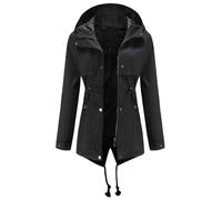 SNGUOQ Chaqueta cortavientos con capucha de longitud media for mujer, impermeable ajustado a la cintura for exteriores Para Campings Y Parques Acuáticos(Black,S)