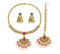 SNHHNSW Joyería india Set para mujeres Bollywood Antique antigüedades Jhumka Tassel Joyería Ajuste de boda de boda Pendientes de collar de gargantilla Pendientes Bridal Maang Tikka Fancy Party Dance