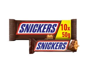 Snickers Barrita de Chocolate con Leche, Crema de Cacahuete, Caramelo y Cacahuetes, 10 x 50g