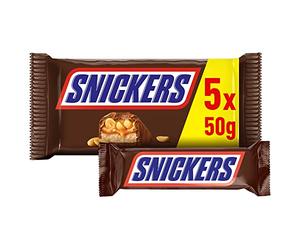 Snickers Barrita de Chocolate con Leche, Crema de Cacahuete, Caramelo y Cacahuetes, 5 x 50g
