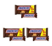 Snickers Barrita de Chocolate con Leche, Crema de Cacahuete, Caramelo y Cacahuetes, 5 x 50g (Paquete de 3)
