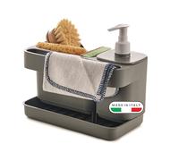 Snips Riordinello - Dispensador Jabón Baño y Cocina, Organizador Fregadero Cocina para Esponjas con Jabonera 400 ml y Soporte Estropajo Fregadero, Paños, Esponja y Bandeja 21x12x18 Made in Italy, Gris