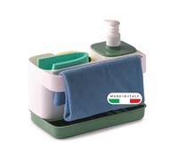 Snips Riordinello - Dispensador Jabón Baño y Cocina, Organizador Fregadero Cocina para Esponjas con Jabonera 400ml y Soporte Estropajo Fregadero, Paños y Esponja, 21x12x18, Made in Italy, Blanco Verde