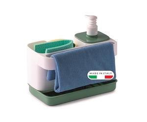 Snips Riordinello - Dispensador Jabón Baño y Cocina, Organizador Fregadero Cocina para Esponjas con Jabonera 400ml y Soporte Estropajo Fregadero, Paños y Esponja, 21x12x18, Made in Italy, Blanco Verde