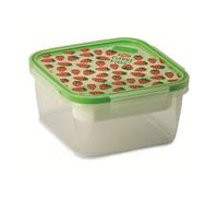 Snips Snipslock Lunch Box Cuadrado 1,40 l, Fresas, Bandeja extraíble, válvula de ventilación Vapor y Cubiertos, Transparente con decoración, 18 x 18 x 8,5