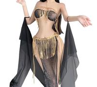 SNOMYRS Conjunto de bikini sexy para cosplay, lencería con flecos y lentejuelas, falda de malla de encaje, disfraz egipcio Qipao Cheongsam, color negro