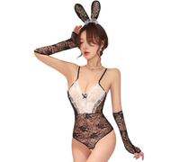SNOMYRS Disfraz de conejo sexy para mujer, body de encaje con orejas, lencería, cosplay, fiesta, ropa interior para San Valentín, Pascua, ropa interior
