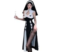 SNOMYRS Disfraz de monja sexy, cosplay, lencería, anime, diablo, gótico, con ranura alta, traje de monja, disfraz de Halloween con sombrero de monja, Negro , Talla única