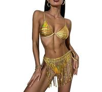 SNOMYRS Falda de lentejuelas con flecos holográfica discoteca vaquera traje brillante vestidos Crop Top Bikini Festival Trajes, dorado, L