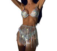 SNOMYRS Falda de lentejuelas con flecos holográfica discoteca vaquera traje brillante vestidos Crop Top Bikini Festival Trajes, plateado, M