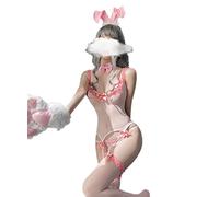 SNOMYRS Lencería de anime de conejito para mujer, malla transparente, sexy, disfraz de senpai, conjunto de lencería de una pieza