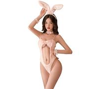 SNOMYRS Lencería sexy para mujer, traje de conejo de encaje, conjunto de cosplay de anime Senpai, conjunto de body de Pascua, ropa de noche para el día de San Valentín