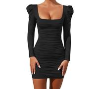 SNOMYRS Mujeres Bodycon Mini Vestido Sexy Volantes Cuello Cuadrado Manga Larga Club Fiesta Vestidos Cortos