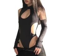 SNOMYRS Sexy Hollow Out Bodysuit Manga Larga Negro Teddy Gothic Party Club Rave Outfit Techwear Festival Mono, Negro , L