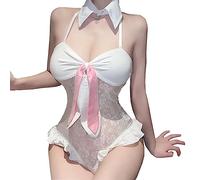 SNOMYRS Traje de conejo, body de malla Kawaii, lencería de anime, conjunto de lencería de conejo, cosplay, disfraces de Halloween, una pieza