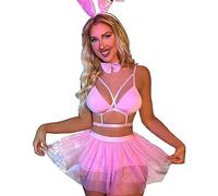 SNOMYRS Traje sexy de conejo para mujer, lencería de malla para cosplay, camiseta corta metálica, traje rosa, traje de festival, talla grande