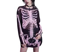 SNOMYRS Vestido de esqueleto para mujer, disfraz de esqueleto de Halloween, mini vestido de manga larga de malla