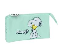 Snoopy Groovy - Portatodo Triple, Estuche Infantil, Estuche Niño, Ideal para Niños en Edad Escolar, Cómodo y Versátil, Calidad y Resistencia, 22x3x12 cm, Color Verde Agua