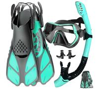 Snorkel Set para Adulto, máscara de Buceo con Vista panorámica de 180°, Tubo Dry Top, Aletas Ajustables y Tapones para los oídos para Nadar (Verde, S/M)