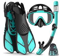 Snorkeling Gear for Adults, Men and Women, 4 in 1 Snorkel Set with Panoramic View, Anti-vaho, Antifugas, Dry Top Snorkel, Fins and Travel Bag for Swimming (Verde, S/M)