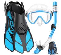 Snorkeling Gear for Adults, Men and Women, 4 in 1 Snorkel Set with Panoramic View, Anti-vaho, Antifugas, Dry Top Snorkel, Fins and Travel Bag for Swimming (Transparent Blue, ML/XL)