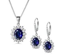 SNORSO Conjunto de pendientes y collar de plata con zafiro, joyas Princess de Diana, regalo de cumpleaños, Día de las Merías Navidad