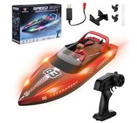 Snorthy Barco Teledirigido Barco RC con luz LED 15 KM/H Control Remoto 2,4 GHz Bote De Carreras Rápido para Niños Juguete de Piscina Bote Eléctrico para Mares Piscinas Lagos (Rojo)