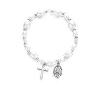 Snorvixre Pulsera de perlas con diseño de crucifijo de inspiración vintage con un encanto único y perlas de imitación para una bisutería elegante y moderna, talla única, como se describe