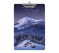 Snow Mountain Casa de madera Noche de invierno Portapapeles tamaño A4 Divertido Estético Trabajo Estudiar Carta Tablero de clip estándar 12.5 × 8.5 en Tablero duro para la escuela Aula Niños Escribi