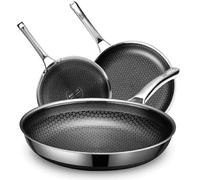 SNOWCLAD Juego de 3 sartenes de 20, 24 y 28 cm, antiadherente, sartén de acero inoxidable, sartén de inducción, apta para todo tipo de fuegos, horno y lavavajillas, libre de patatas