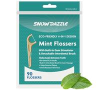 SNOWDAZZLE Palillos de hilo dental ecológicos 4 en 1 con cepillo interdental, limpiador de lengua, palillo de dientes, sabor a menta, 90 unidades