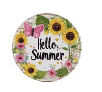 Snowsun Letrero de hojalata redondo de metal retro con texto en inglés "Hello Summer" para valla al aire libre, patio, decoración del hogar, 8 x 8 pulgadas