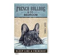 Snowsun Letrero de metal con diseño de bulldog francés, para dormitorio, dormitorio con texto en inglés "Sleep Like A Frenchie" de aluminio, estilo retro, para decoración de pared del hogar, jardín