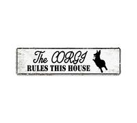 snowsun Letrero de metal con el texto en inglés "The Corgi Rules This House", estilo retro, letrero de aluminio para el hogar, cocina, jardín, pared, decoración de pub y club, 4 x 16 pulgadas