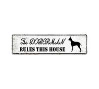 snowsun Letrero de metal con el texto en inglés "The Doberman Rules This House", estilo retro, letrero de estaño para el hogar, cocina, jardín, pared, decoración resistente a los rayos UV, 4 x 16