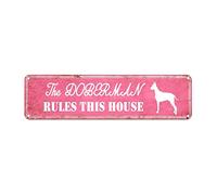 snowsun Letrero de metal con el texto en inglés "The Doberman Rules This House", estilo retro, letrero de aluminio para regalo para el hogar, cocina, jardín, pared, patio, café, decoración de 4 x 16