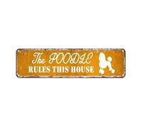 snowsun Letrero de metal con el texto en inglés "The Dog Rules This House", estilo vintage, retro, para el hogar, cocina, jardín, pared, decoración resistente a los rayos UV, 4 x 16 pulgadas