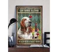 Snowsun Letrero de metal con texto en inglés "A Woman Cannot Survive On Wine Alone She Also Needs A Basset Hound Funny Retro Vintage Aluminum Sign for Home Garden Coffee Wall Decor Metal Tin Sign 8 x