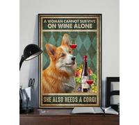 Snowsun Letrero de metal con texto en inglés "A Woman Cannot Survive On Wine Alone She Also Needs A Corgi", divertido letrero de aluminio retro vintage para el hogar, jardín, café, decoración de pared