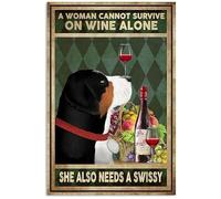 Snowsun Letrero de metal con texto en inglés "A Woman Cannot Survive On Wine Alone She Also Needs A Swissy Funny Retro Vintage Aluminum Sign for Home Garden Coffee Wall Decor Metal Tin Sign 8 x 12