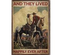 Snowsun Letrero de metal con texto en inglés "And They Lived Happily Ever After Cowboy and Cowgirl", divertido letrero retro vintage de aluminio para decoración de pared de hogar, jardín, café