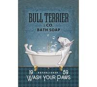 Snowsun Letrero de metal con texto en inglés "Bull Terrier Co Bath Soap Wash Your Paws", letrero vintage de estaño, letrero retro de aluminio para cocina, hogar, oficina, bar, cafetería, decoración de
