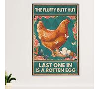 Snowsun Letrero de metal con texto en inglés "Chicken The Fluffy Butt Hut Last One In Is A Rotten Egg", letrero de estaño vintage divertido para decoración de pared para el hogar, jardín, bar, sala de