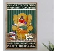 Snowsun Letrero de metal con texto en inglés "Close Your Eyes Take Breath Inhale Calmness Exhale Stress Pick Up A Book Disappear", letrero vintage de estaño divertido para decoración de pared para el