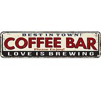 snowsun Letrero de metal con texto en inglés "Coffee Bar Love is Brewing", estilo retro, letrero de aluminio para cocina, hogar, jardín, pared, bar, cafetería, decoración de 4 x 16 pulgadas