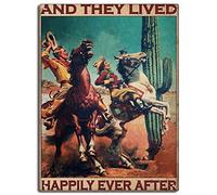 snowsun Letrero de metal con texto en inglés "Cowboy and Cowgirl and They Lived Happily Ever After" de estilo vintage, letrero retro de aluminio para cocina, hogar, jardín, pared, bar, cafetería