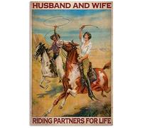 Snowsun Letrero de metal con texto en inglés "Cowboy Husband Wife Riding Partners For Life", divertido retro vintage, letrero de aluminio para el hogar, jardín, café, decoración de pared, letrero de