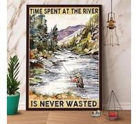 Snowsun Letrero de metal con texto en inglés "Fishing Time Spent At The River Is Never Wastast", divertido letrero de aluminio retro vintage para decoración de pared de hogar, jardín, café, decoración