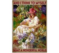 Snowsun Letrero de metal con texto en inglés «Girl with The Red Hat What a Wonderful World» de aluminio, estilo retro, para decoración de pared del hogar, jardín, oficina, 8 x 12 pulgadas